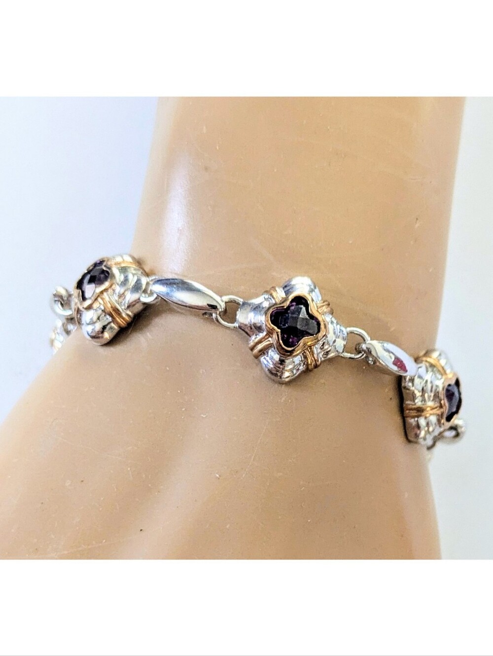 Vintage Silver Plated Gold Accent Purple Crystal Clover Station Link Bracelet 7" - Picture 2 of 9